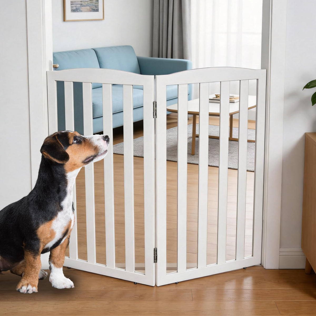 ZJSF Foldable Freestanding Indoor Dog Gate for House Wood White Long Pet Gates Dog Fence for Stairs Puppy Gates for Hallways, Puppy Gate,Support Feet Included, Brown, 24 "Height-3 Panels