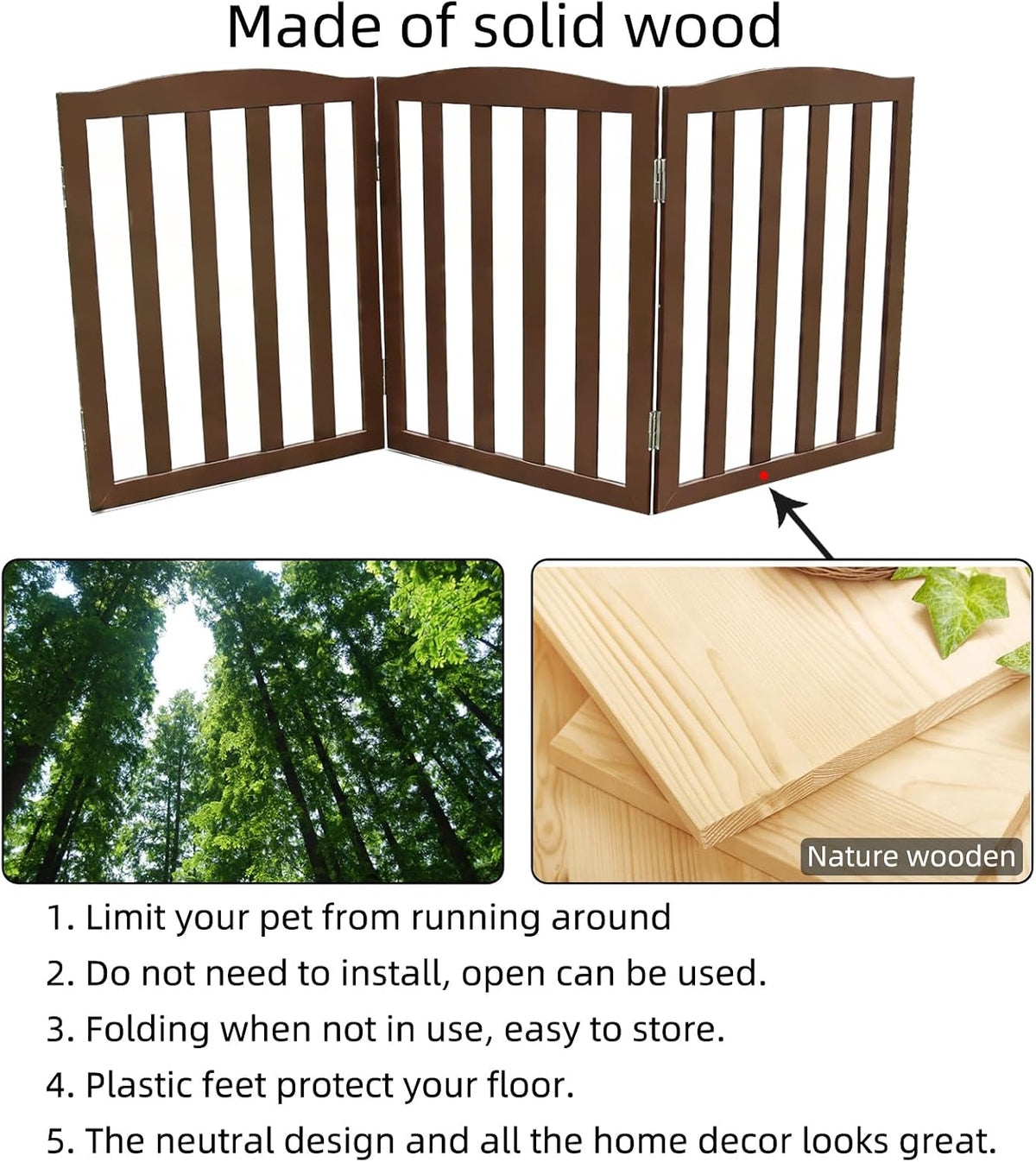 ZJSF Foldable Freestanding Indoor Dog Gate for House Wood White Long Pet Gates Dog Fence for Stairs Puppy Gates for Hallways, Puppy Gate,Support Feet Included, Brown, 24 "Height-3 Panels