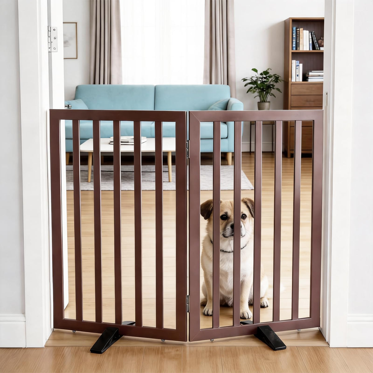 Dog Gate Indoor, Freestanding Dog Fence for The House, Doorways, Hallways,or Stairs,Pet Gate Foldable Wooden,Expandable 24" Height 3 Panels,Brown