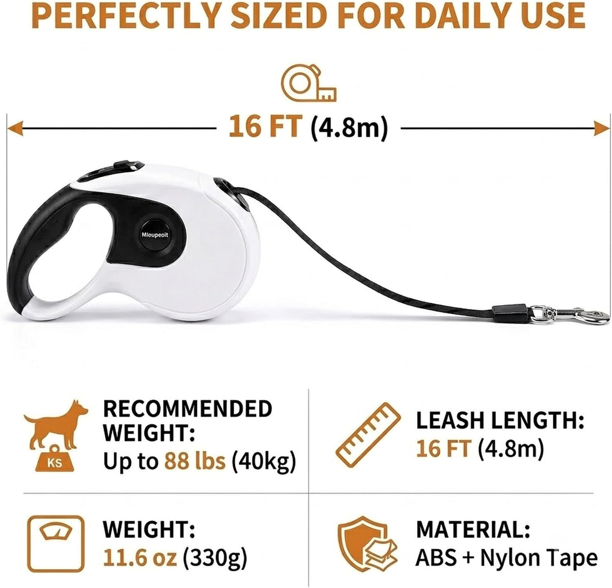 Retractable Dog Leash, 16 FT Dog Leash for Small and Medium Dogs up to 88 lbs, One-Hand Brake, Lock & Release, 360° Tangle-Free Nylon Tape, Anti-Slip Handle