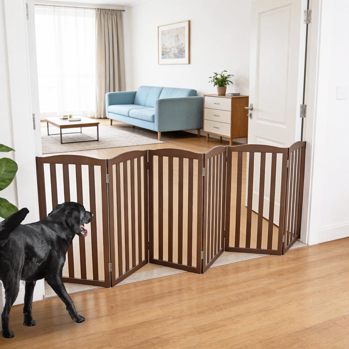 ZJSF Foldable Freestanding Indoor Dog Gate for House Wood White Long Pet Gates Dog Fence for Stairs Puppy Gates for Hallways, Puppy Gate,Support Feet Included, Brown, 24 "Height-3 Panels