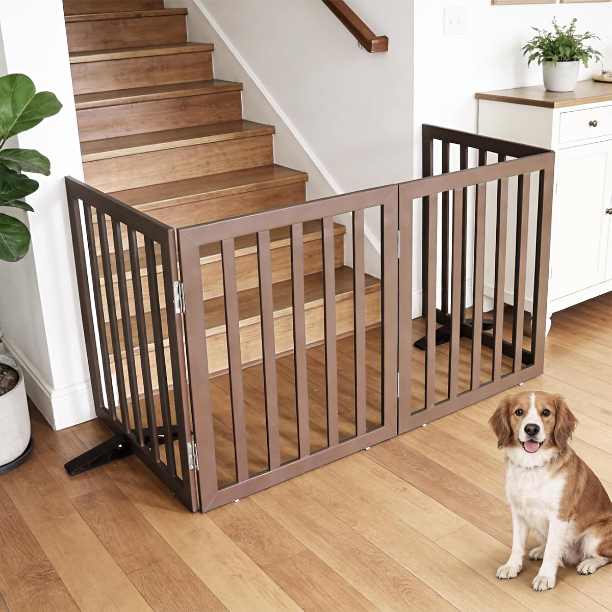 Dog Gate Indoor, Freestanding Dog Fence for The House, Doorways, Hallways,or Stairs,Pet Gate Foldable Wooden,Expandable 24" Height 3 Panels,Brown
