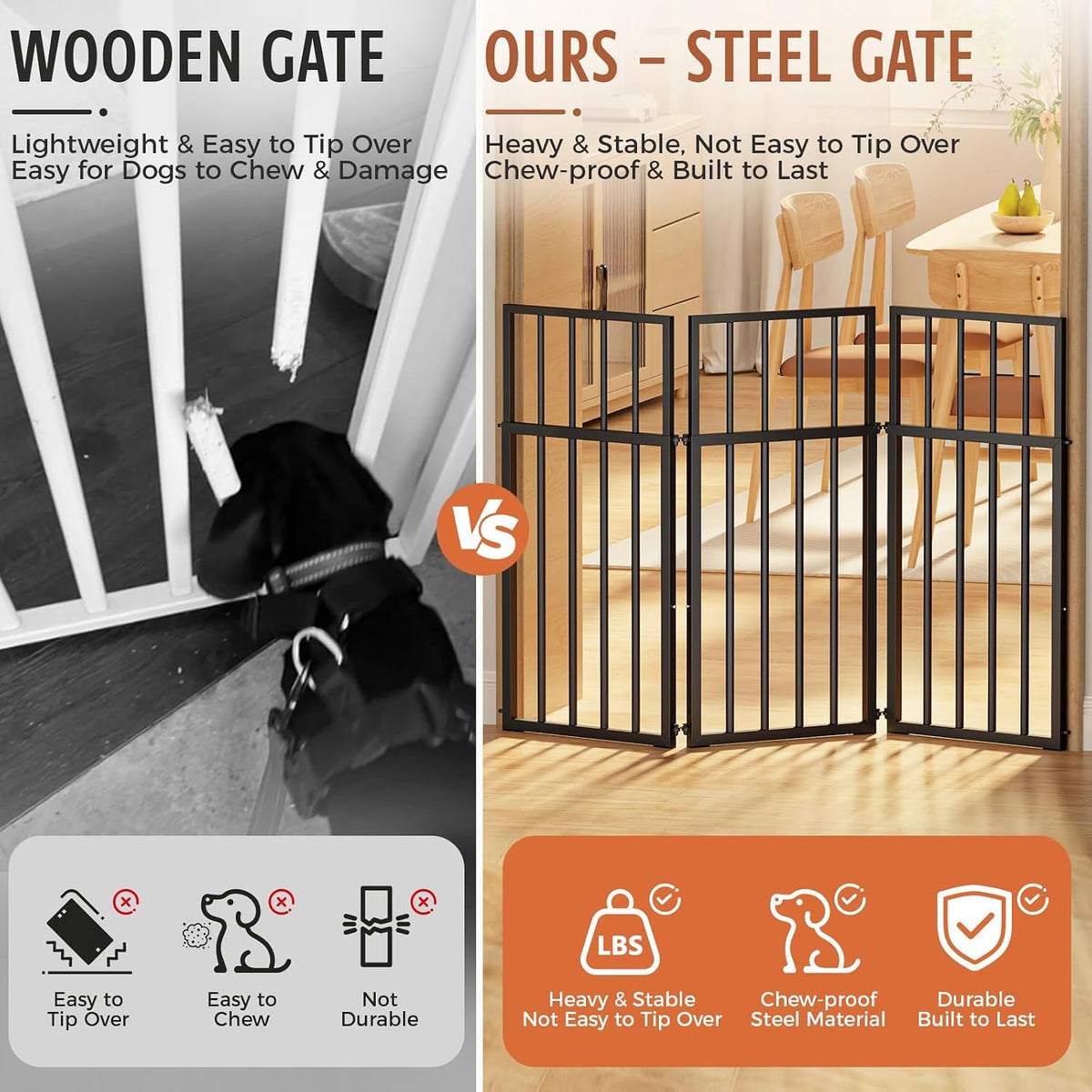 24~39.7" Adjustable Height Freestanding Dog Gate for Stairs 3-Panel Pet Gate for Stairs, Dog Fence Chewproof Steel Frame Baby Gate for Indoor Doorways, House, Porch, Deck, Yard (Black)