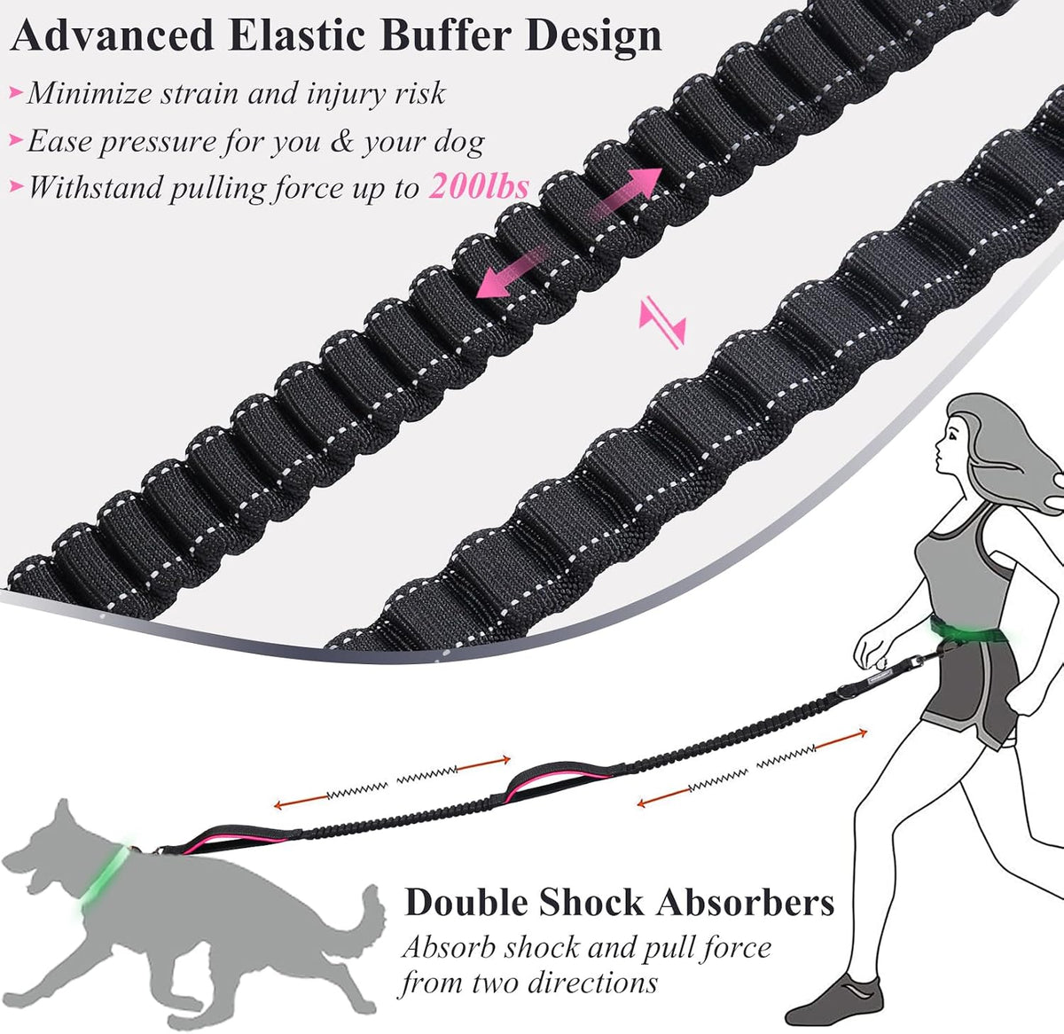VIVAGLORY Hands Free Dog Leash Bungee Waist Leash for Dog, S, Black/Pink2