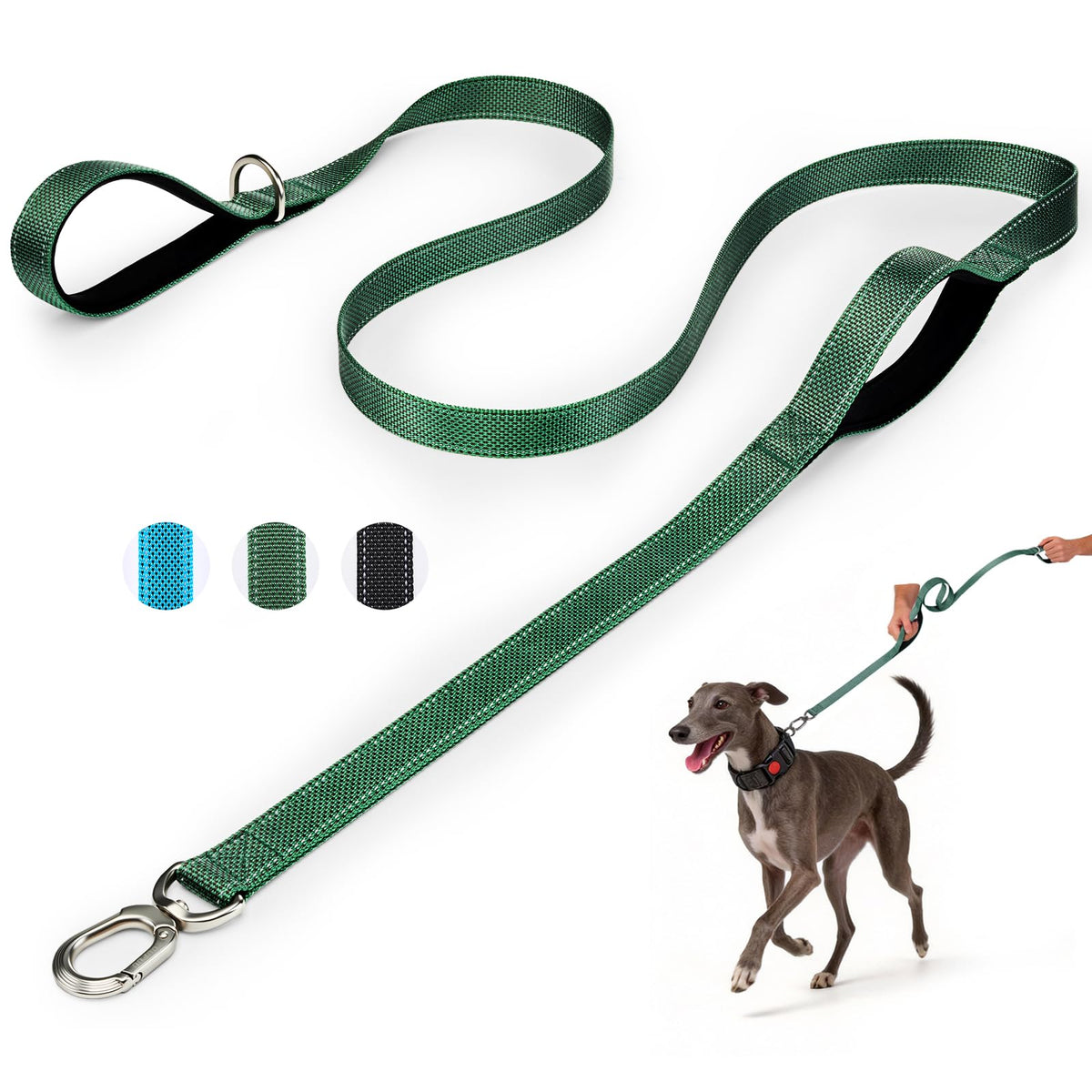 Heavy Duty Dog Leash with Easy Lock Metal Clip, Reflective, Padded Handle - Durable 4ft Walking Training Green Leash for Large, Medium, Small Dogs, Jogging, Hiking, and Outdoor Use
