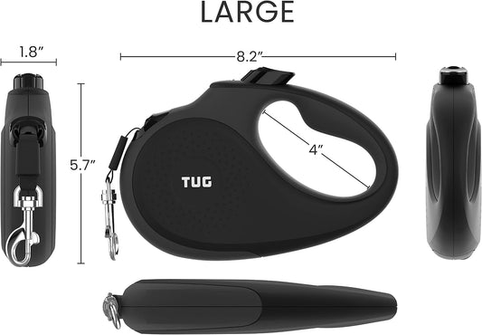 TUG Original Retractable Dog Leash, Anti-Slip, 16’ Tape (Large, Black/Grey)