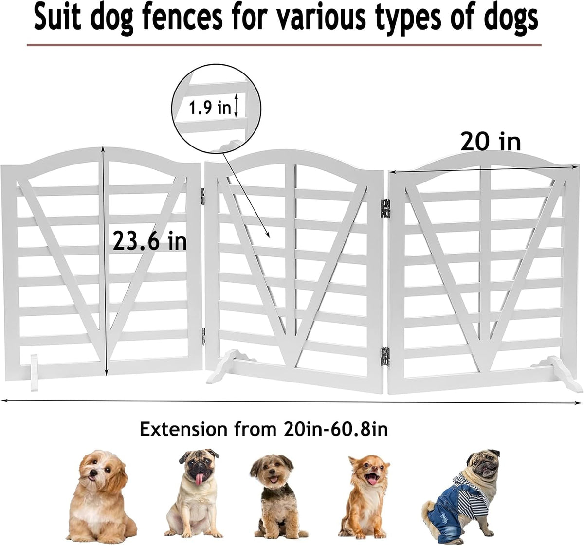 Foldable Wooden Dog Gate Freestanding Pet Gate for Dogs,3Pane 23.6" Height