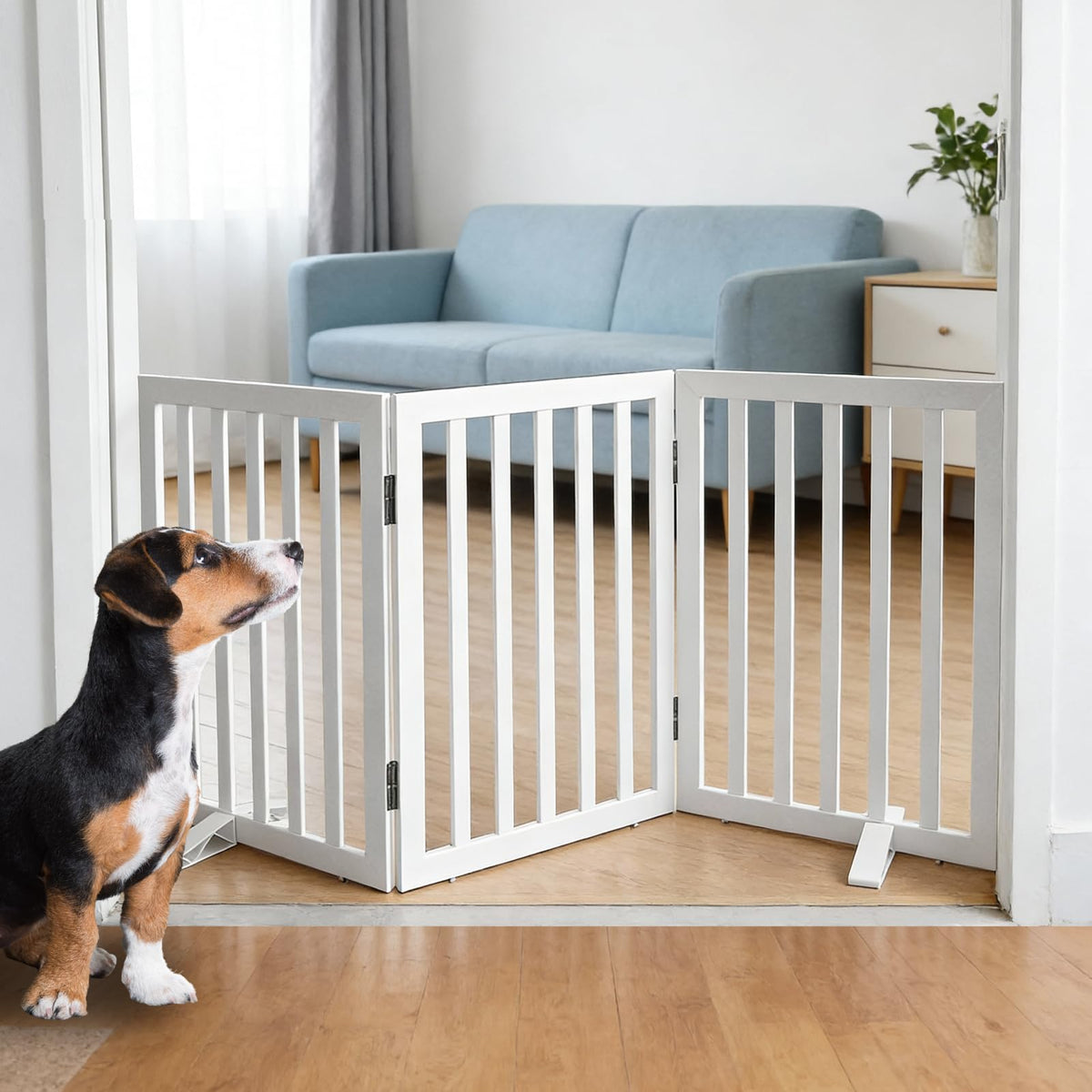 Dog Gate Indoor, Freestanding Dog Fence for The House, Doorways, Hallways,or Stairs,Pet Gate Foldable Wooden,Expandable 24" Height 3 Panels,Brown