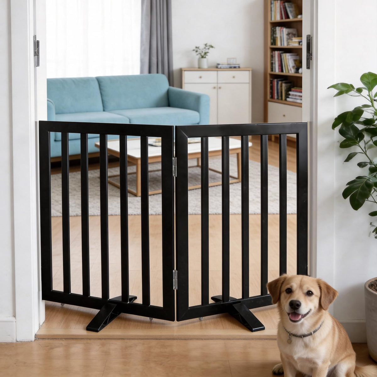 Dog Gate Indoor, Freestanding Dog Fence for The House, Doorways, Hallways,or Stairs,Pet Gate Foldable Wooden,Expandable 24" Height 3 Panels,Brown