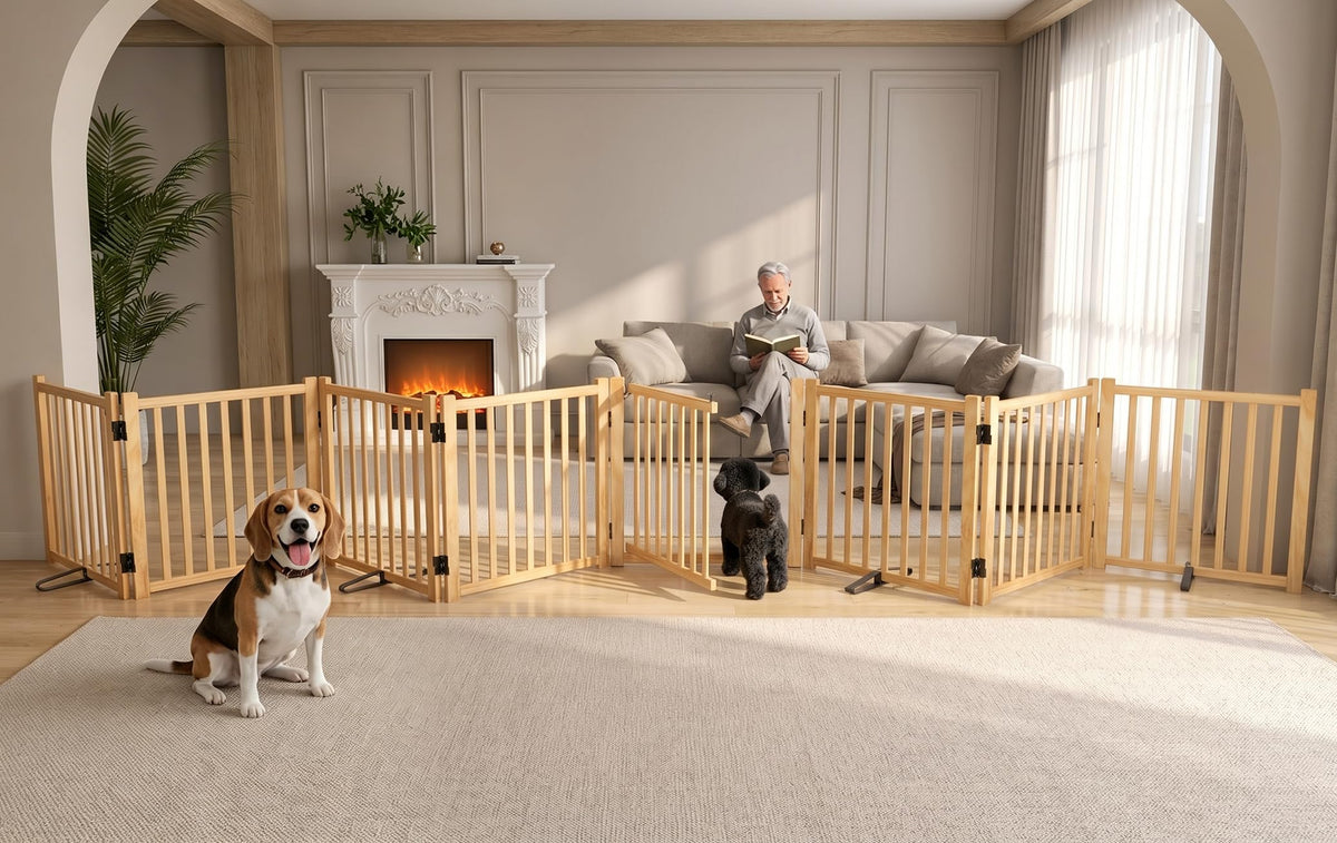 Wooden Freestanding Folding Dog Gate Indoor, 23" H 6 Panels