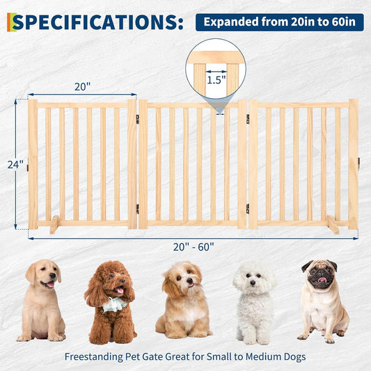 Wooden Freestanding Dog Gate, Foldable Pet Gate with Support Feet, Indoor Dog Fence for The House,Doorways, Stairs,Expandable Pet Fence -3 Panel H:24”