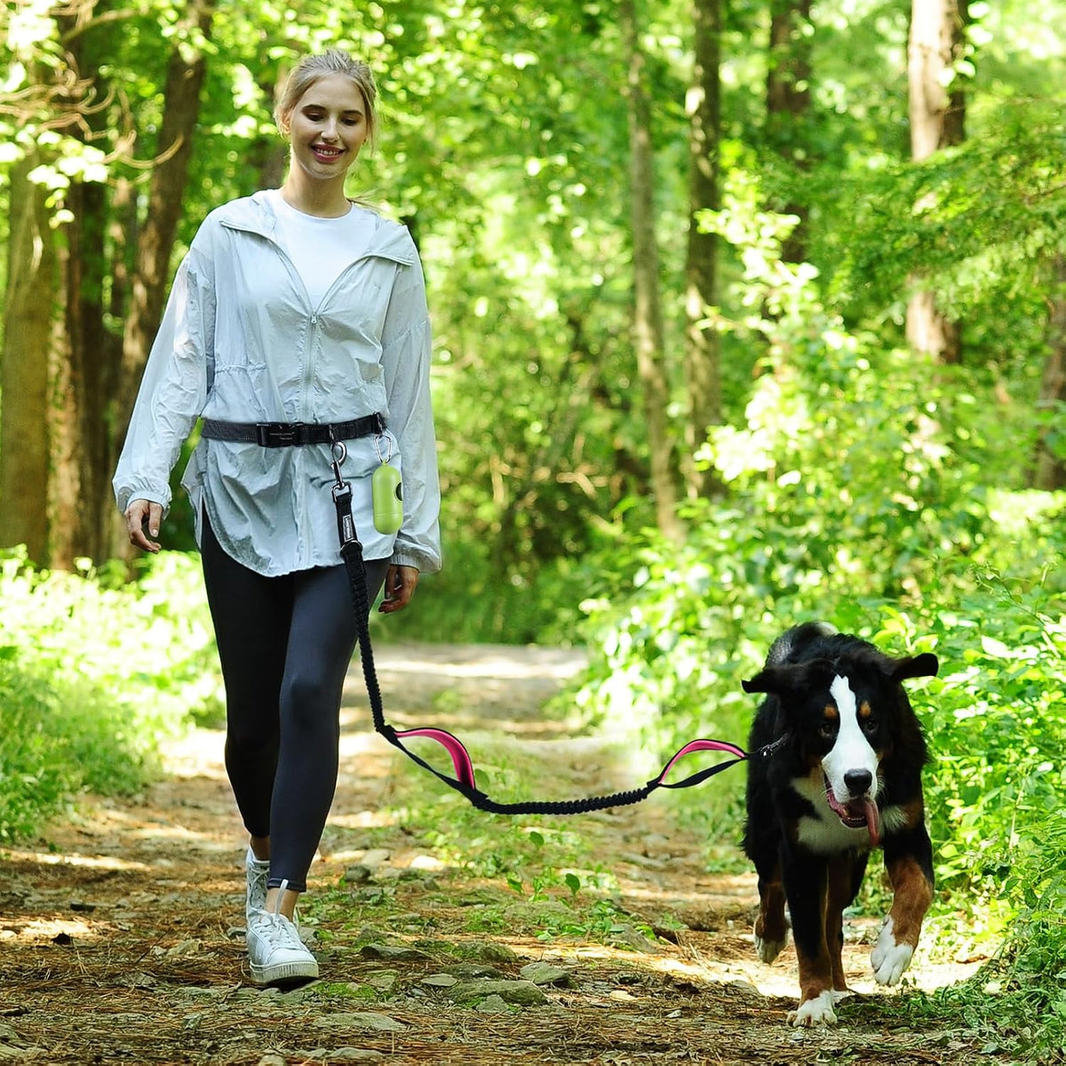 VIVAGLORY Hands Free Dog Leash Bungee Waist Leash for Dog, S, Black/Pink2