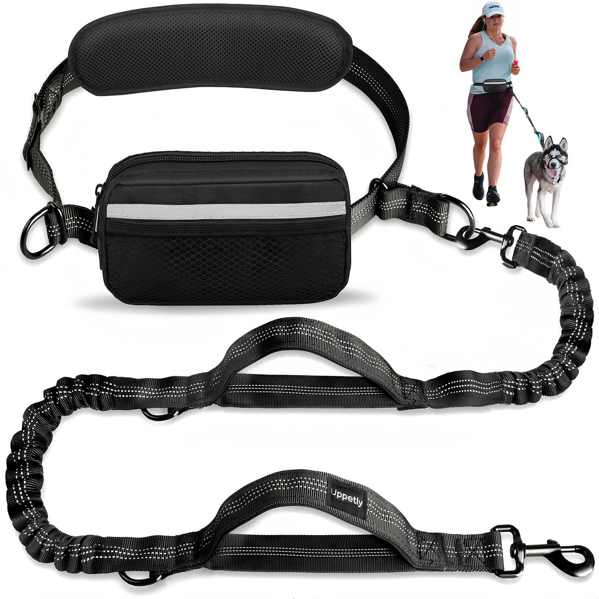 Uppetly Hands Free Dog Running Leash with Waist Belt, Dual Handle Elastic Bungees Retractable Rope for Medium and Large Dogs, Reflective Stitches for Walking Hiking Biking (Large Pink, 25-120lb