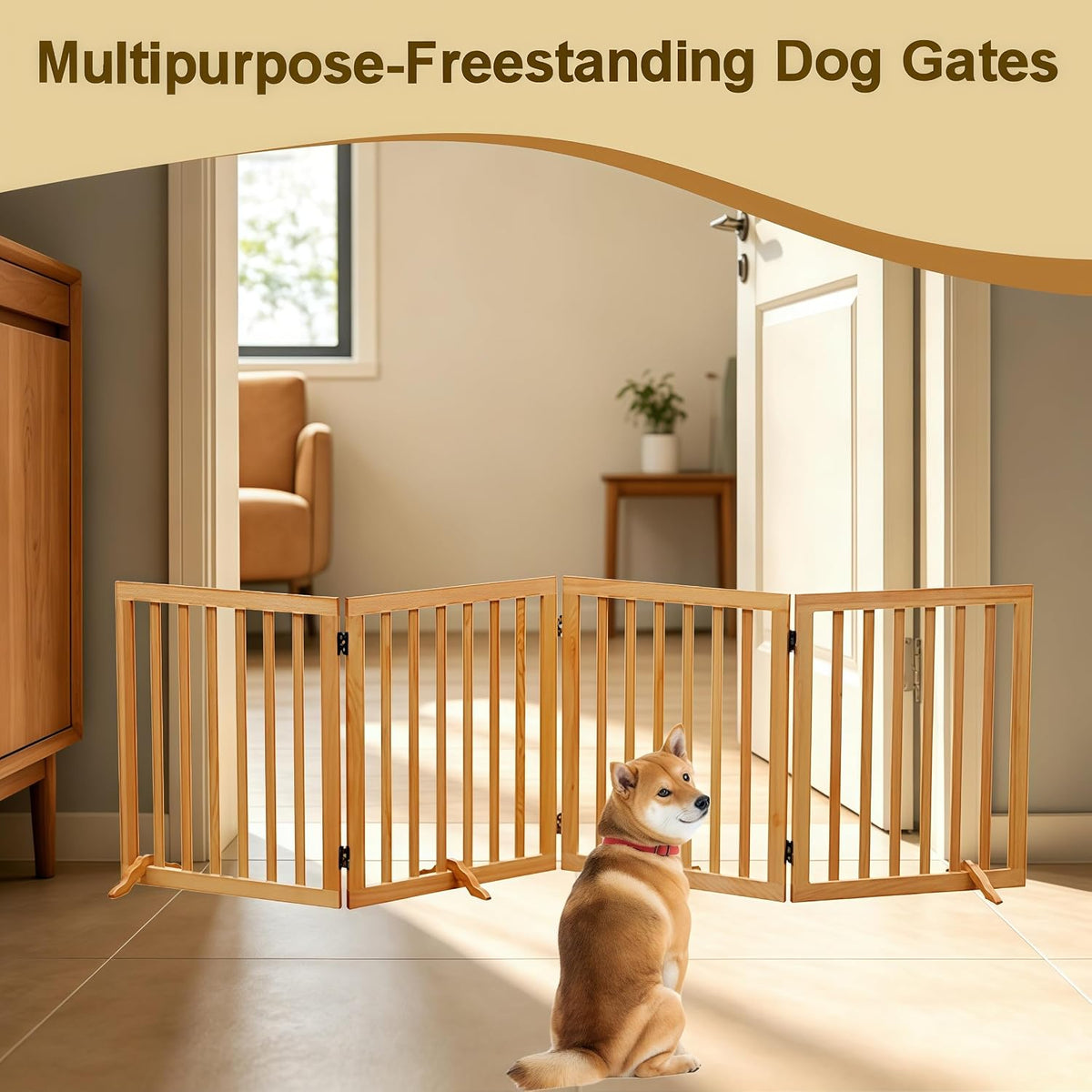 Wooden Foldable Dog Gate Freestanding 4 Panels Puppy Safety Fence-Brown