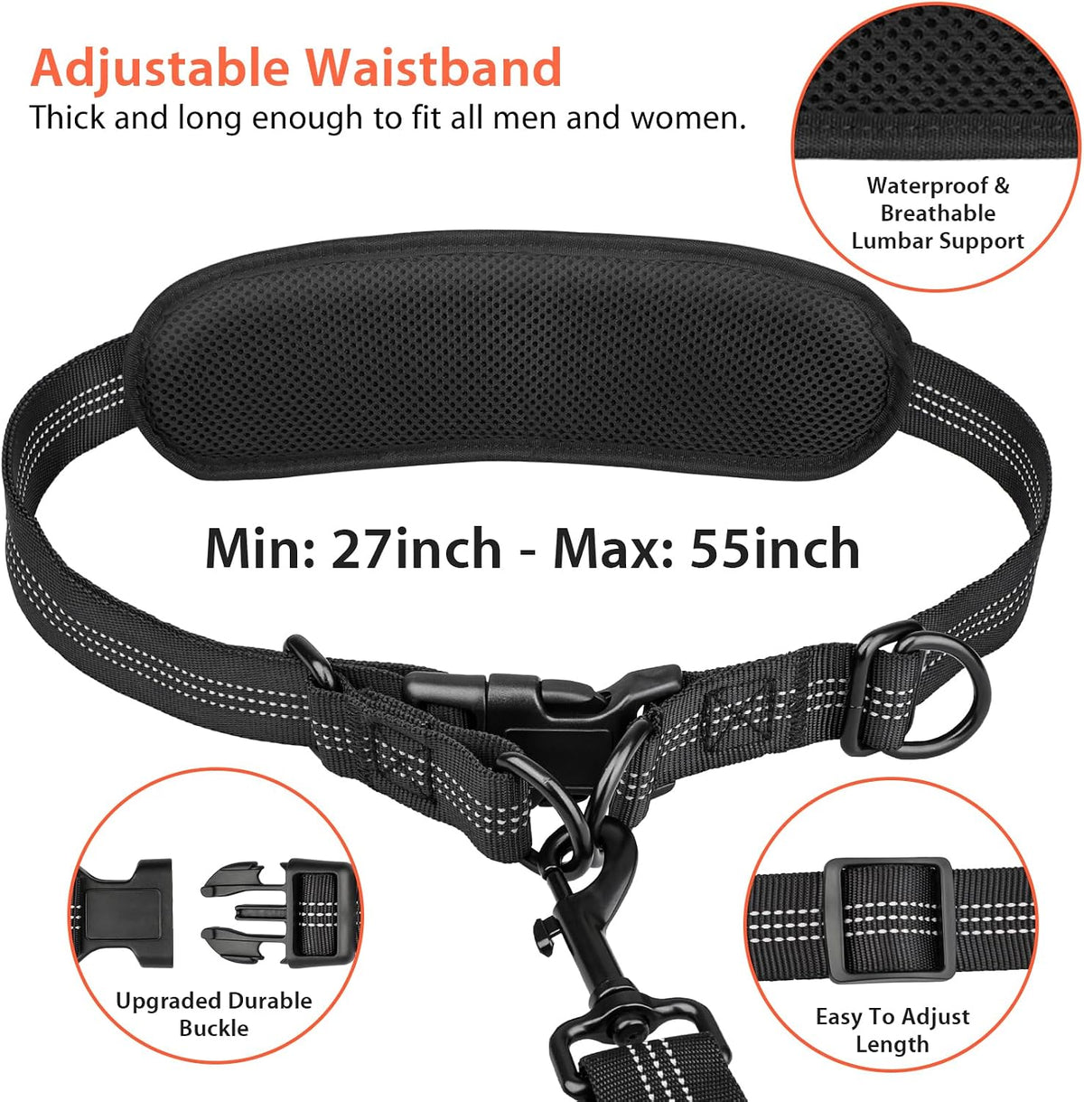 Uppetly Hands Free Dog Running Leash with Waist Belt, Dual Handle Elastic Bungees Retractable Rope for Medium and Large Dogs, Reflective Stitches for Walking Hiking Biking (Large Pink, 25-120lb