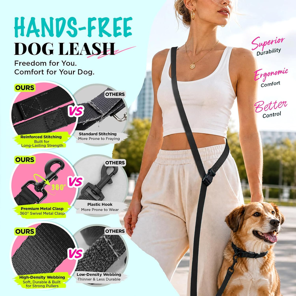 Hands Free Dog Leash, 5.9-8.2ft Multifunctional Crossbody Rope with Explosion-Proof Handle and Adjustable Training Hands Free Leash for Medium Dog Walking Jogging and Running