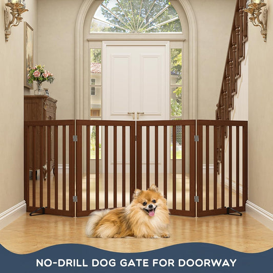 Homykic Freestanding Dog Gate Indoor, 75”W X 24”H Bamboo Pet Gate, Walnut