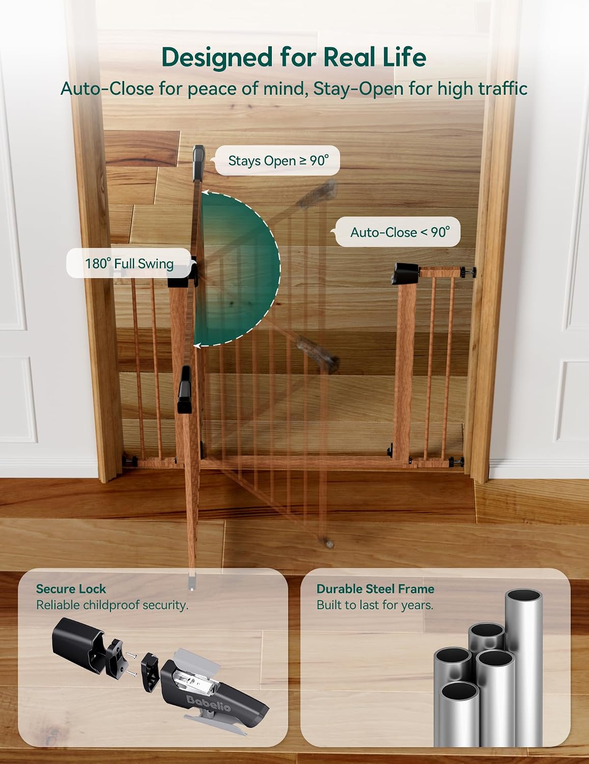 Babelio 29-55" Extra Wide Baby Gate, PressGuard P7, Brown Wood Pattern