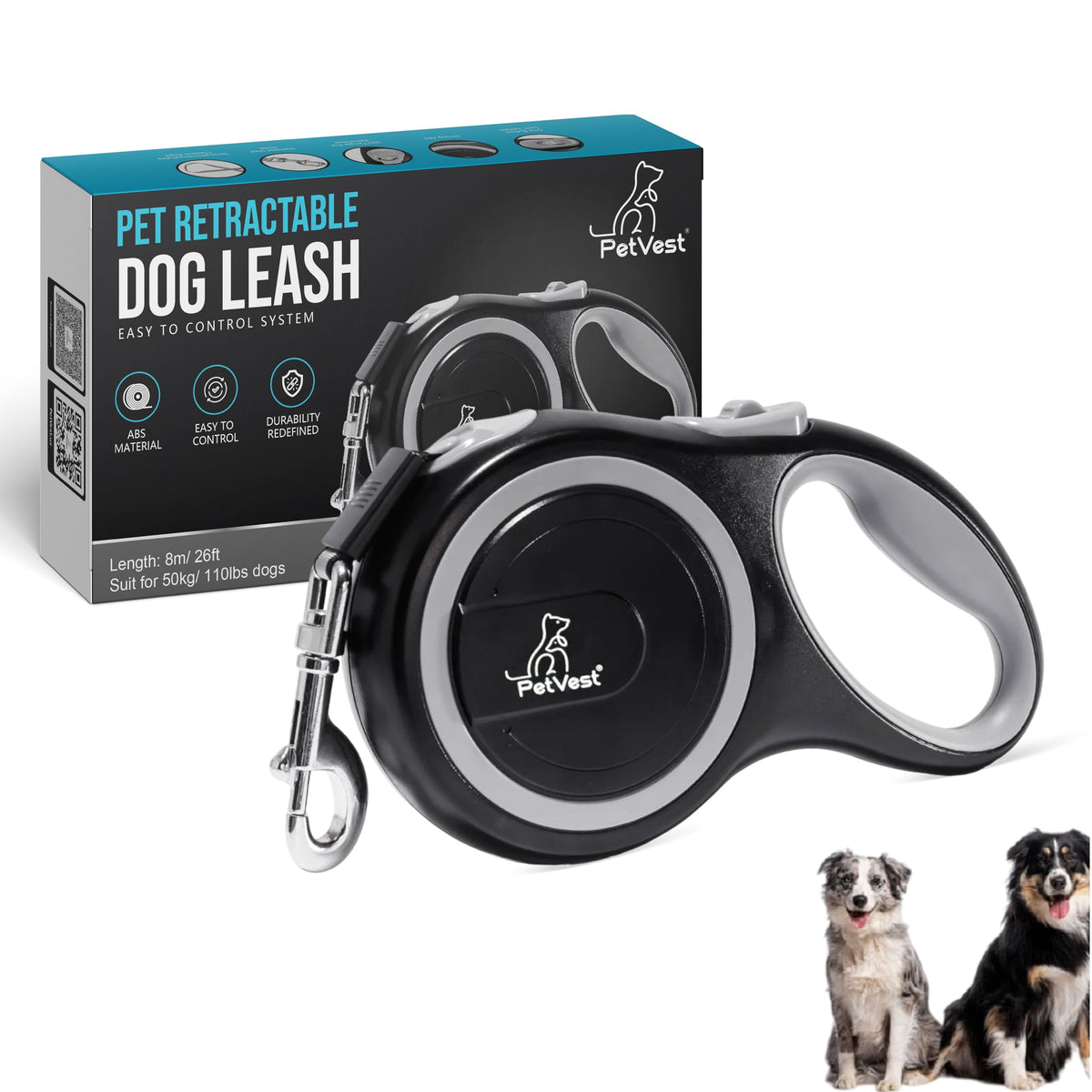 Retractable Dog Leash – Extendable up to 26 FT, Heavy Duty Nylon Tape, No-Tangle, One-Handed Brake & Lock, for Small to X-Large Dogs up to 110 lbs (Black)