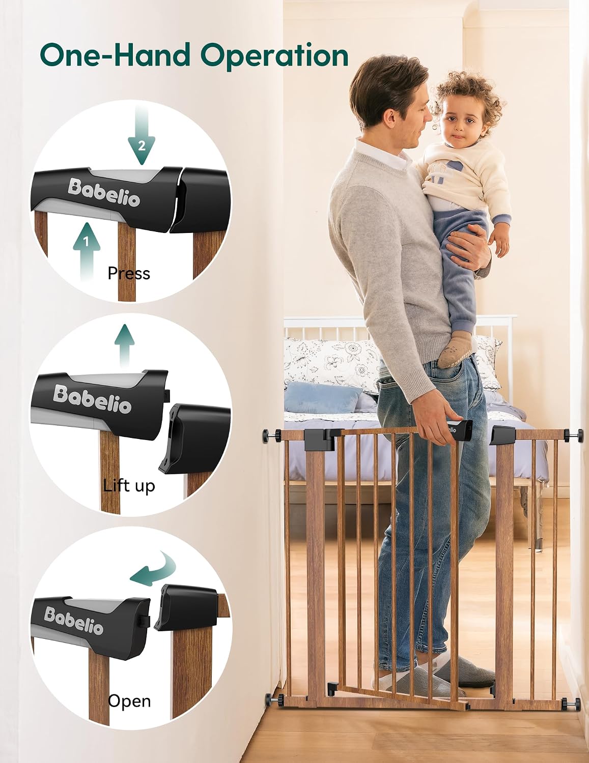 Babelio 29-55" Extra Wide Baby Gate, PressGuard P7, Brown Wood Pattern