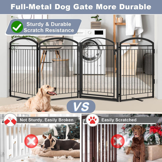 Full Metal Free Standing Dog Gate with Door for Outdoor Indoor,96'' Extra Wide 36'' Tall Dog Gates for Doorways,Large Openings,Decks,Porch,Freestanding Portable Pet Fence(4 Panels,Black)