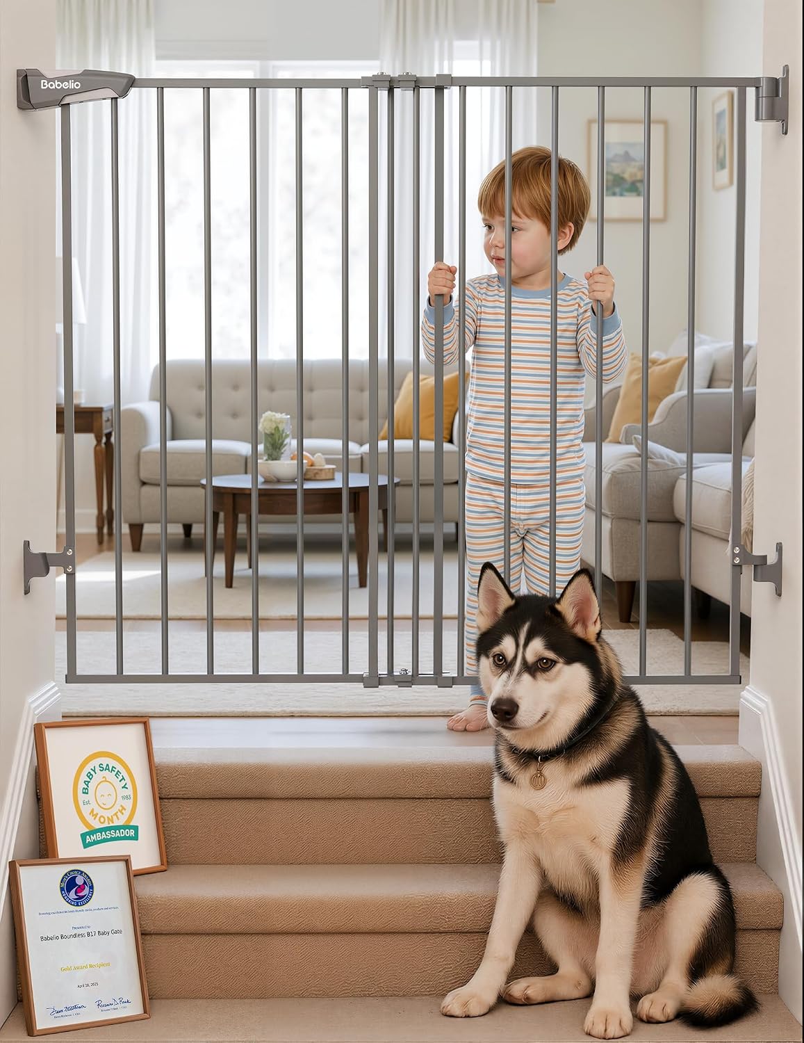 Babelio 34" Extra Tall No Bottom Bar Baby Gate, 26-43", Brown Wood Pattern