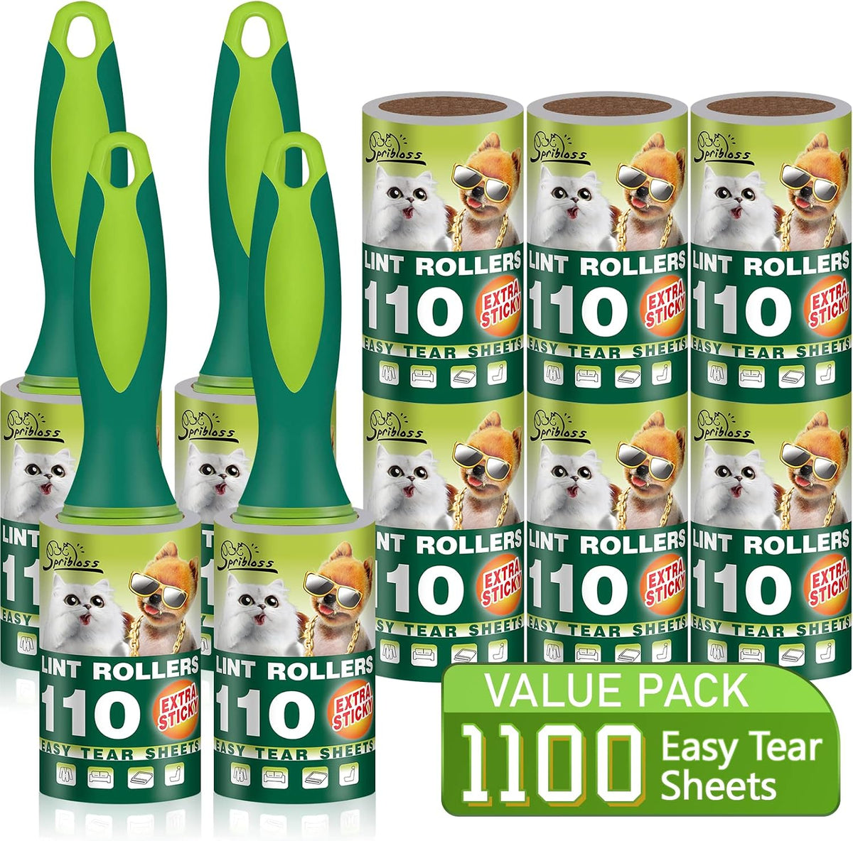 Extra Sticky Lint Rollers for Pet Hair, 1100 Sheets Total, Upgraded 4 Handles with 10 Refills Portable Travel Size for Couch Furniture Clothes Dog & Cat Hair Remover
