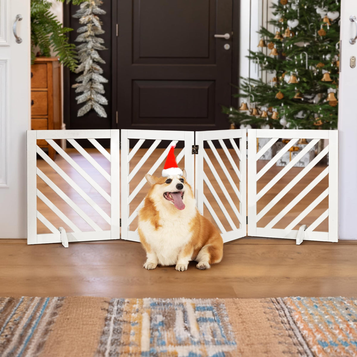 dCee Solid Acacia Wood Dog Gate, Freestanding Walk-Through Pet Gate, 81" 4-Panel Foldable Wooden Dog Gates with Door & 2 Support Legs for Doorways, Kitchen, Hall, Stairs, Indoor & Outdoor