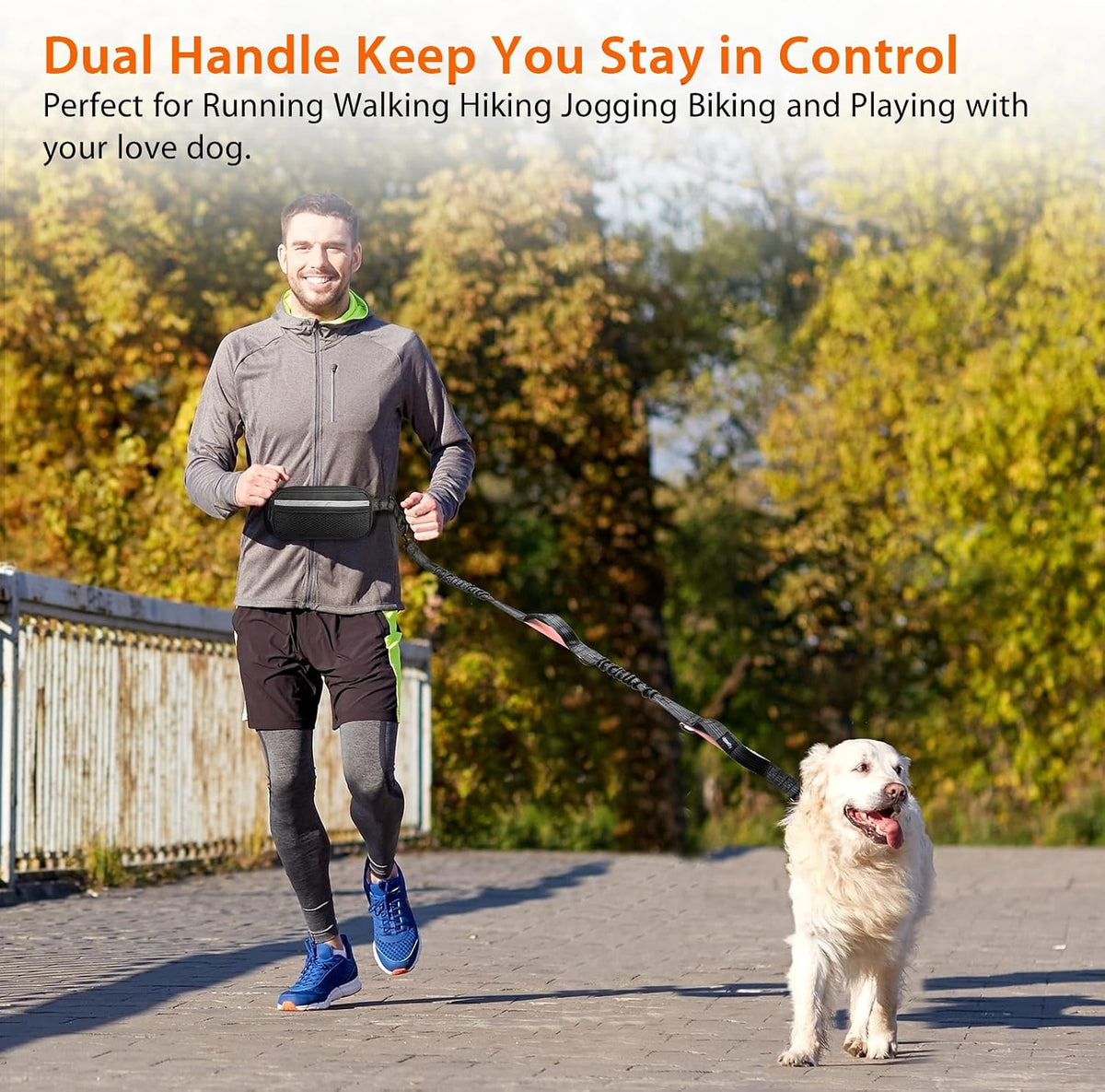 Uppetly Hands Free Dog Running Leash with Waist Belt, Dual Handle Elastic Bungees Retractable Rope for Medium and Large Dogs, Reflective Stitches for Walking Hiking Biking (Large Pink, 25-120lb