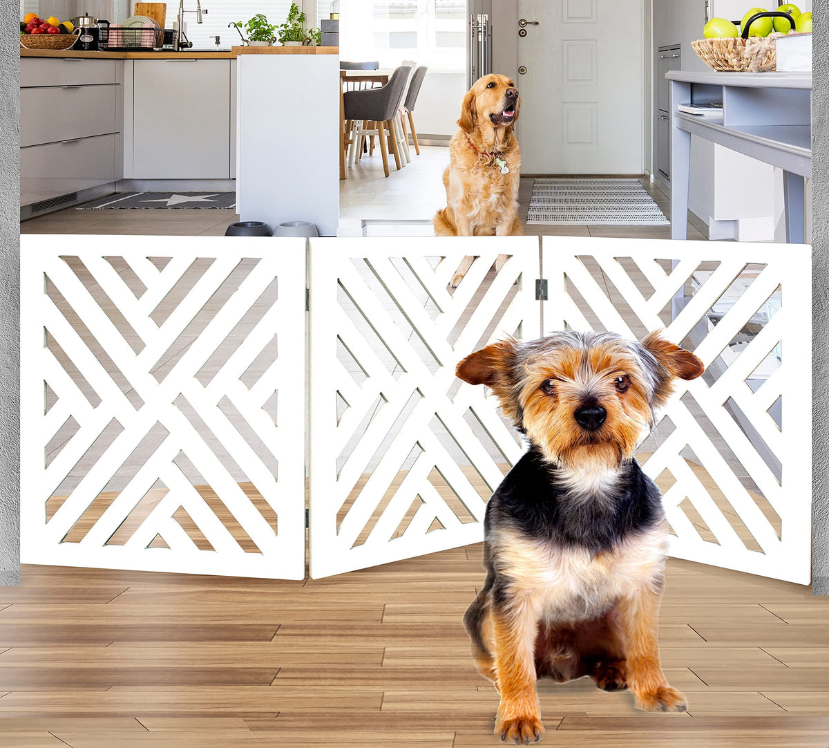 Freestanding Dog Gate Expandable Decorative Wooden Fence for Small to Medium Pet Dogs, Barrier for Stairs, Doorways, & Hallways