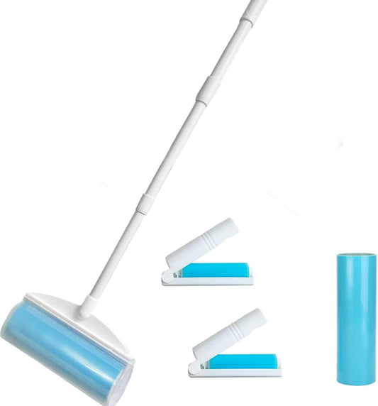 8 Inch Reusable Large Lint Roller, Washable Sticky Pet Hair Remover with Retractable Extendable Long Handle, Big Cleaning Tool for Clothes, Sofa, Carpet, Furniture, 1 Large, 1 Refill and 2 Mini Size