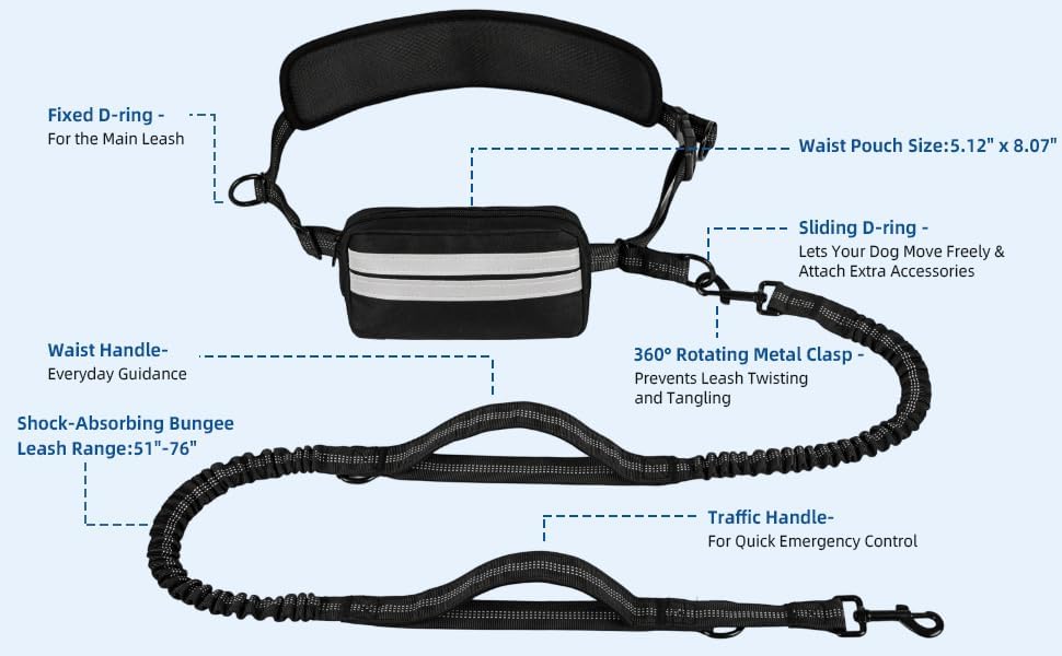 Uxisae Hands Free Dog Leash with Zipper Pouch Large Military Black