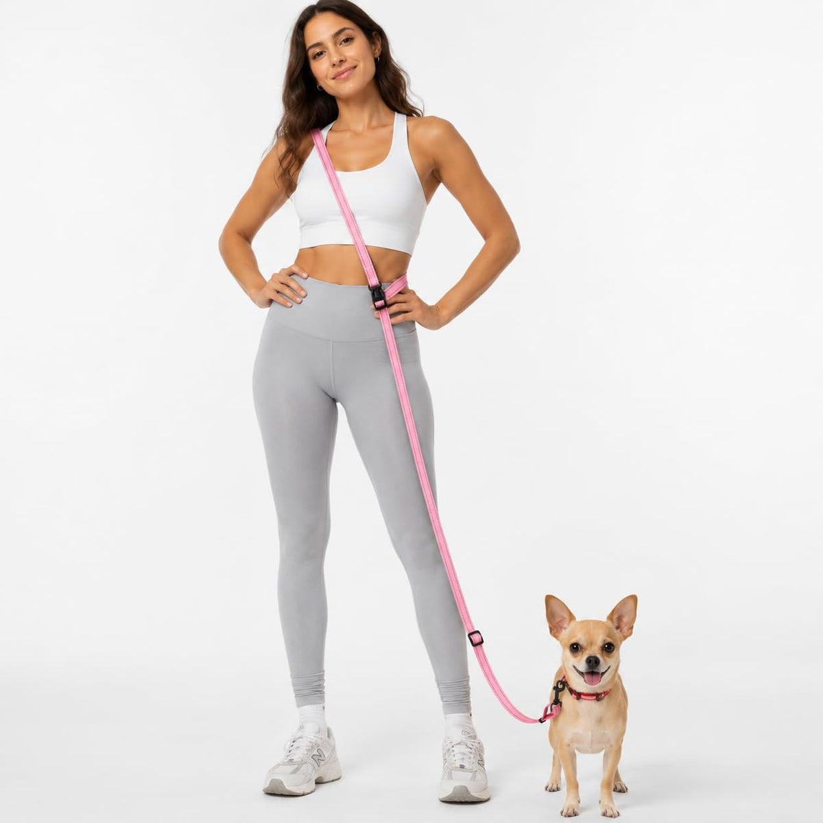 Kazazoo Hands-Free Dog Leash Adjustable Length 5-8 Ft,Waist & Crossbody Leash for Walking with Small Dogs Bichon Frisé & Teddy Reflective Strips, Ballistic Nylon, Waist Belt, Lightweight Pink
