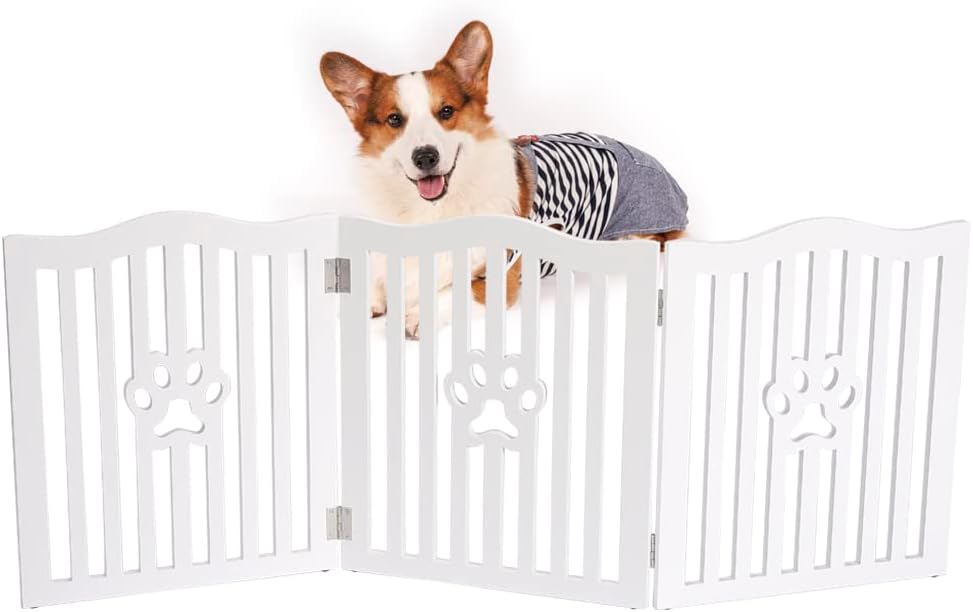 Pet Gate Wooden Free-White Standing Dog Gate for Small Dogs & Cats