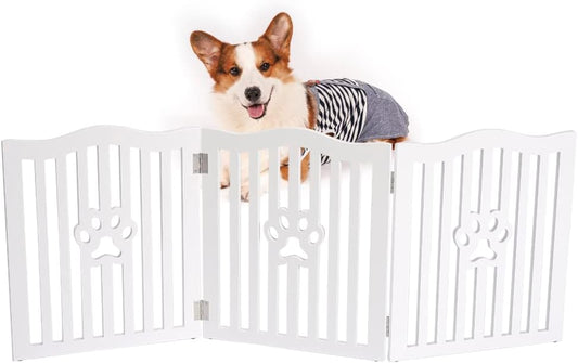 Pet Gate Wooden Free-White Standing Dog Gate for Small Dogs & Cats