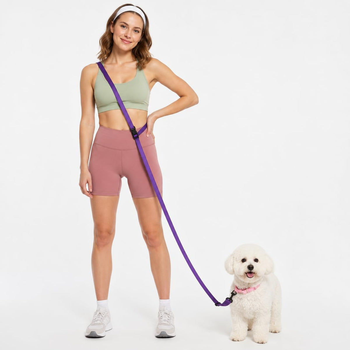 Kazazoo Hands-Free Dog Leash Adjustable Length 5-8 Ft,Waist & Crossbody Leash for Walking with Small Dogs Bichon Frisé & Teddy Reflective Strips, Ballistic Nylon, Waist Belt, Lightweight Pink
