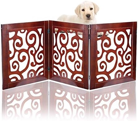 Safety Pet Gate for Dogs – Free-Standing & Foldable - Decorative Scroll Wooden Fence Barrier – Stairs & Doorways (Mahogany)