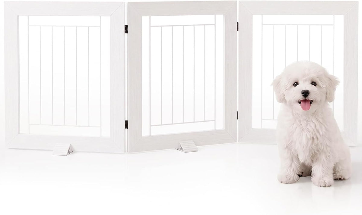 Faesun Dog Gate Indoor, Freestanding Dog Fence, 59x24-Inch Wooden Pet Gate for Dogs, 3-Panel Puppy Gates for Doorways, Hallways, Stairs, White