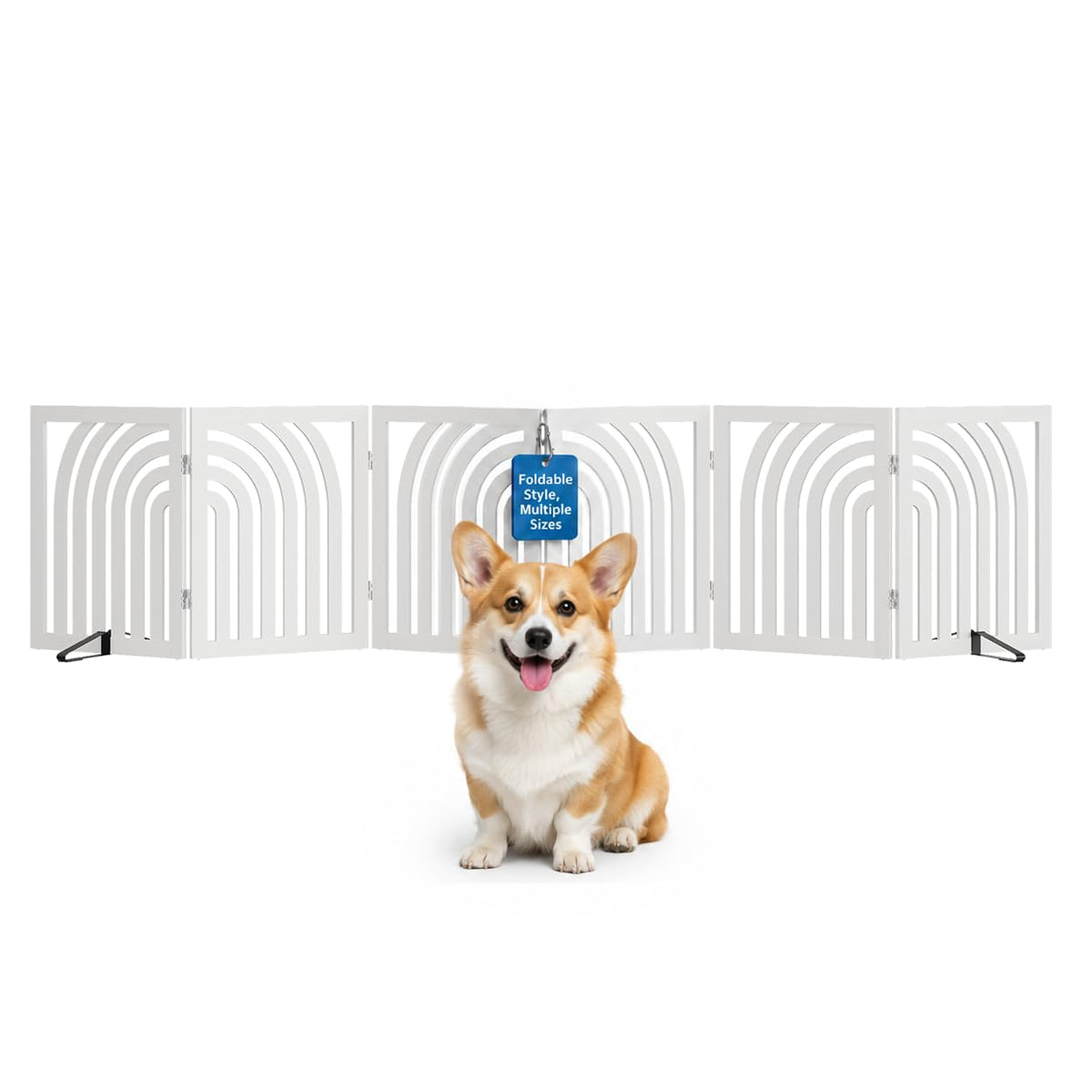 Semiocthome Dog Gate Wooden 360° Foldable 24 Inch Height Freestanding Pet Safety Gate with 2 Metals Stands for Puppy Indoor House Use (Brown, 2-Panel, Rounded Corner Pattern)