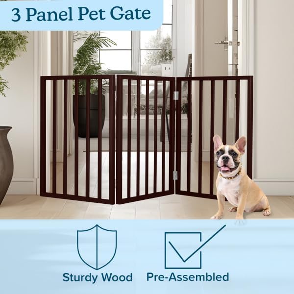 PETMAKER Pet Gate, 3 Panel Freestanding Dog Gate Indoor, Brown, 54”x23.75”
