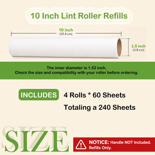 10 Inch Lint Roller Refills, 4 Rolls 240 Sheets for Pet Hair Extra Sticky