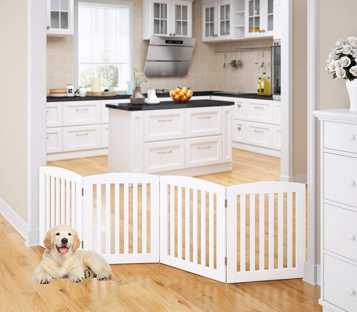 PAWLAND Wooden Freestanding Foldable Pet Gate for Dogs, 24 Inch H, 4 Panels