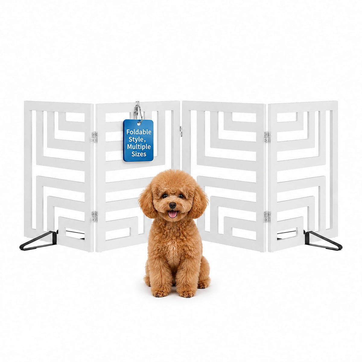 Semiocthome Dog Gate Wooden 360° Foldable 24 Inch Height Freestanding Pet Safety Gate with 2 Metals Stands for Puppy Indoor House Use (Brown, 2-Panel, Rounded Corner Pattern)