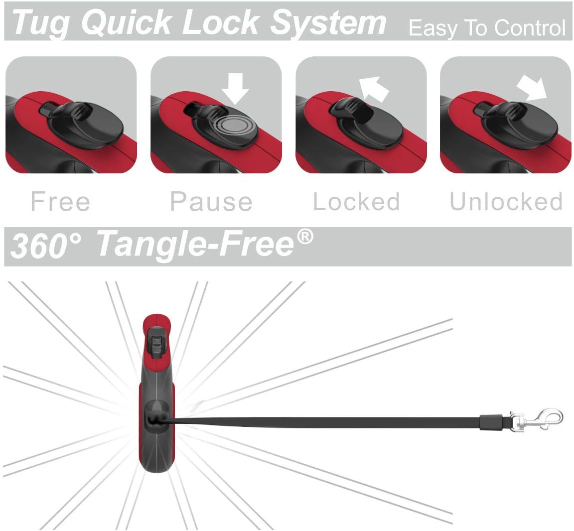 TUG Original Retractable Dog Leash, 16 ft (Medium, Red)