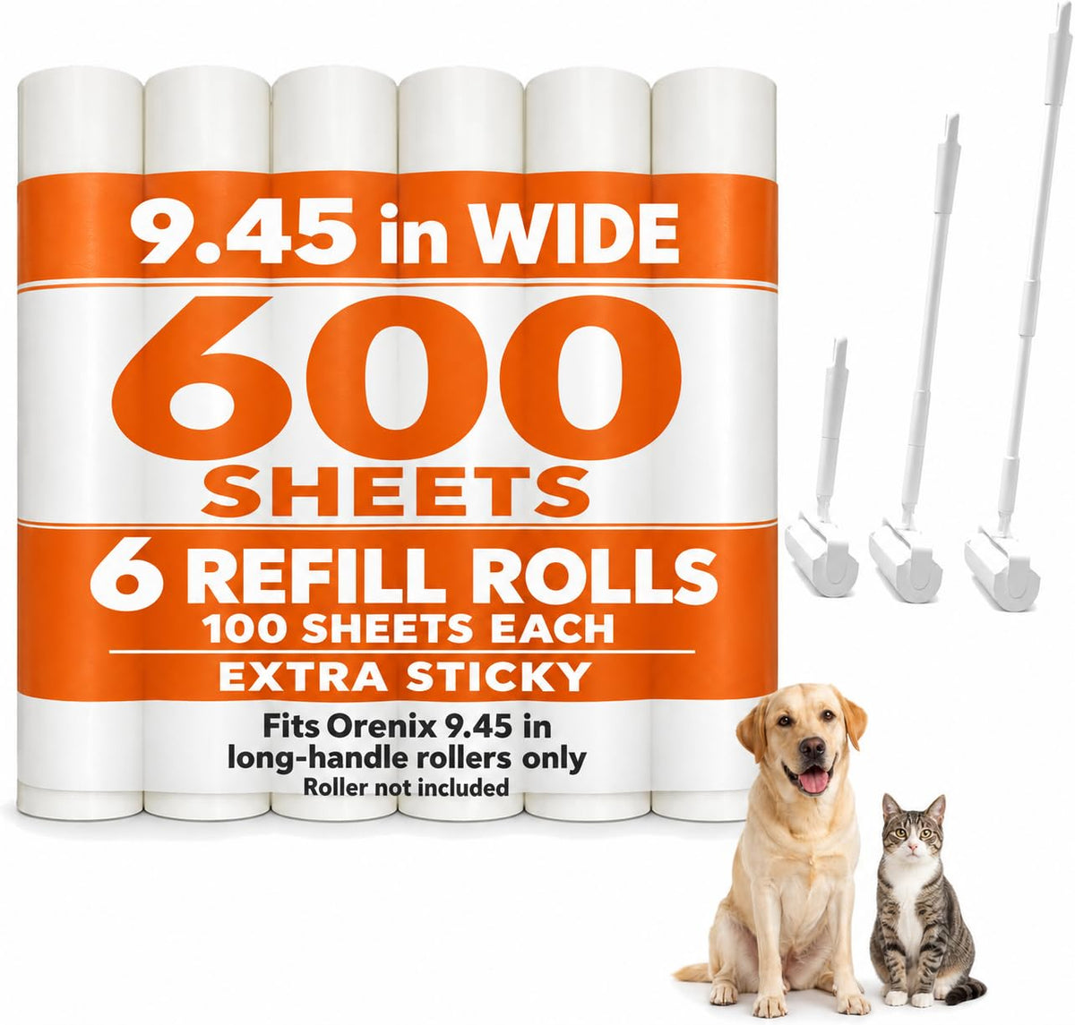 Long Handle Extra Sticky Large Lint Roller for Pet Hair, 6 Rolls 600 Sheets