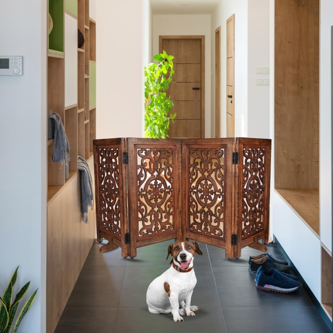 Homebia Wooden Pet Gate – Foldable 4 Panel Dog Barrier, Antique Burnt
