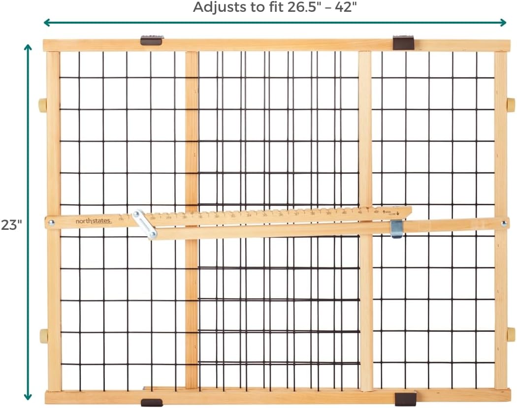 MYPET Wire Mesh Dog Gate: 26.5"-42" Wide Pressure Mounted with No Tools; Expandable, Durable Pet Gates for Doors and Hallways, 23" Tall, Made with Sustainable Hardwood