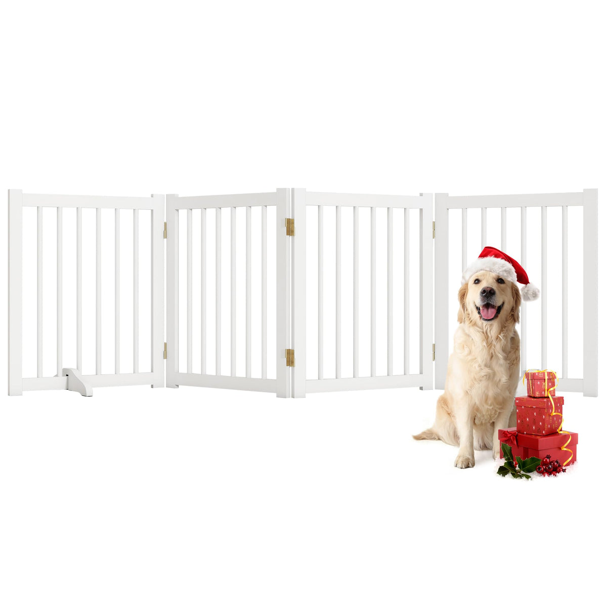 36" H Freestanding Dog Gate, Solid Wood Foldable Pet Gate with Support Feet, Wooden Tall Dog Gate for Doorway, Stairs & Indoor Use, 60" Wide Expandable Pet Fence, 3 Panels, Walnut