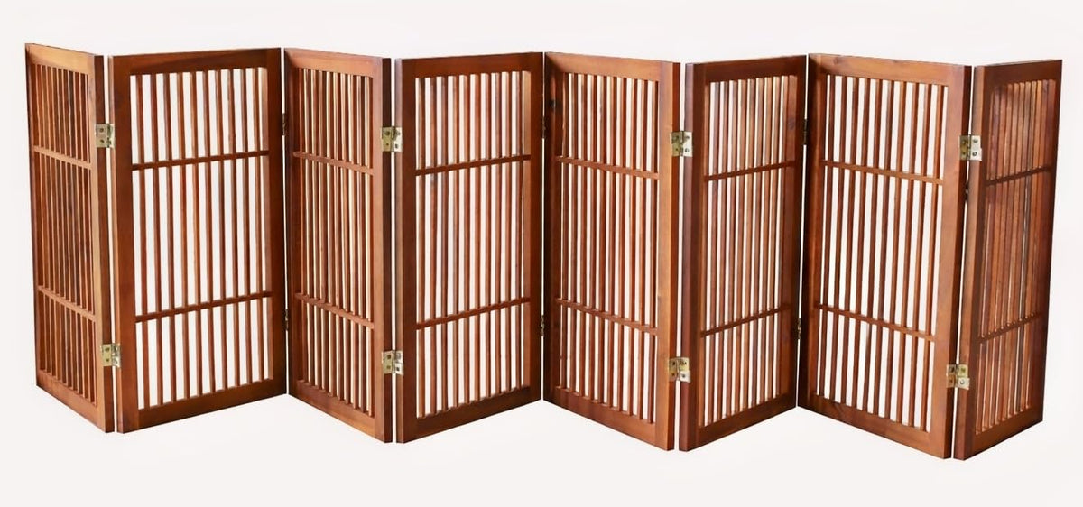 Urnporium Freestanding Wooden Dog Gate Foldable Indoor Pet Gate No Drill Expandable Barrier for Doorways Stairs Hallways Portable Wood Fence for Small Dogs & Puppies (Brown Pet Gate, 3 Panel 24" Tall)