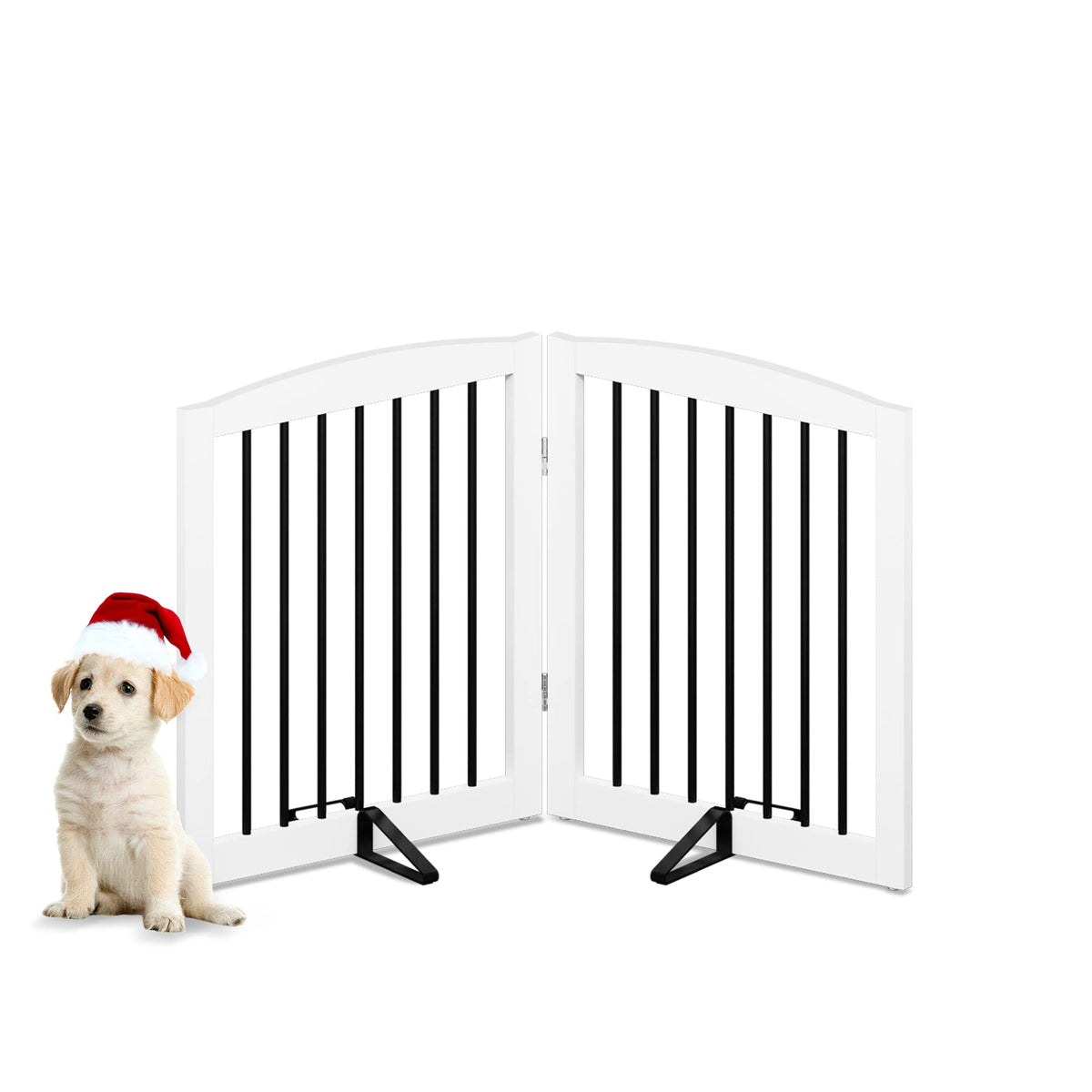 PUPETPO Freestanding Pet Gate for Dogs, Foldable Wooden Dog Gate for House, Indoor Pet Barrier for Stairs, Doorways, Support Feet Included, 24" Height 2 Panels, White
